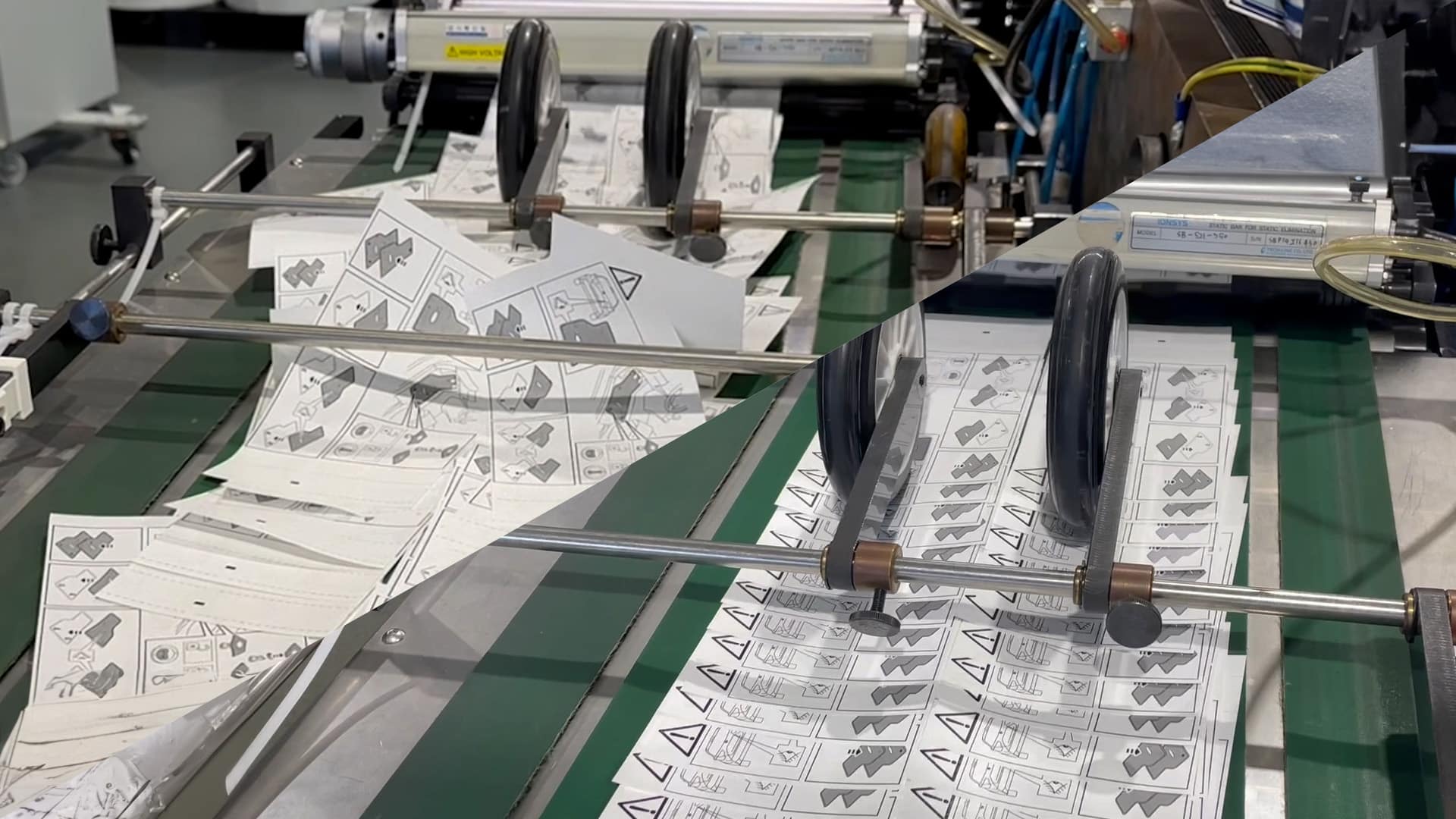 An image of a production line before and after the application of RESURAD 230 Antistatic Clear 0120-12 varnish. In the 'before' sequence, tags exhibit problematic reactions, showcasing the challenges faced by operators. In contrast, the 'after' sequence demonstrates seamlessly smooth production, with minimized blocking tendency and reduced static electricity charges, highlighting the effectiveness of the varnish. This image encapsulates the transformative impact of antistatic varnish on production stability and speed.